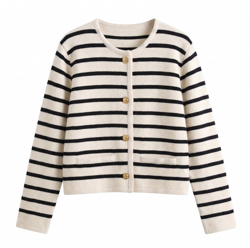 Marina Stripe Knit Cardigan - Black Front
