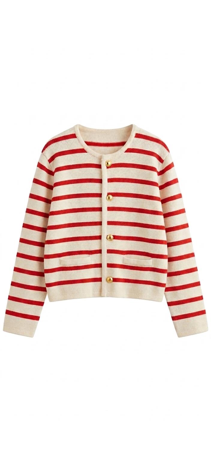 Marina Stripe Knit Cardigan - Red Front